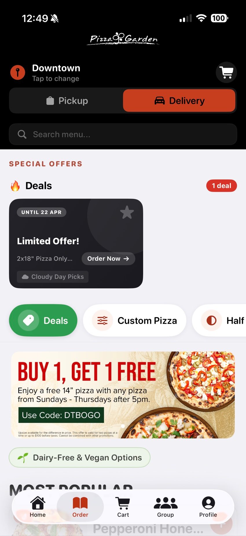Pizza Garden app deals screen