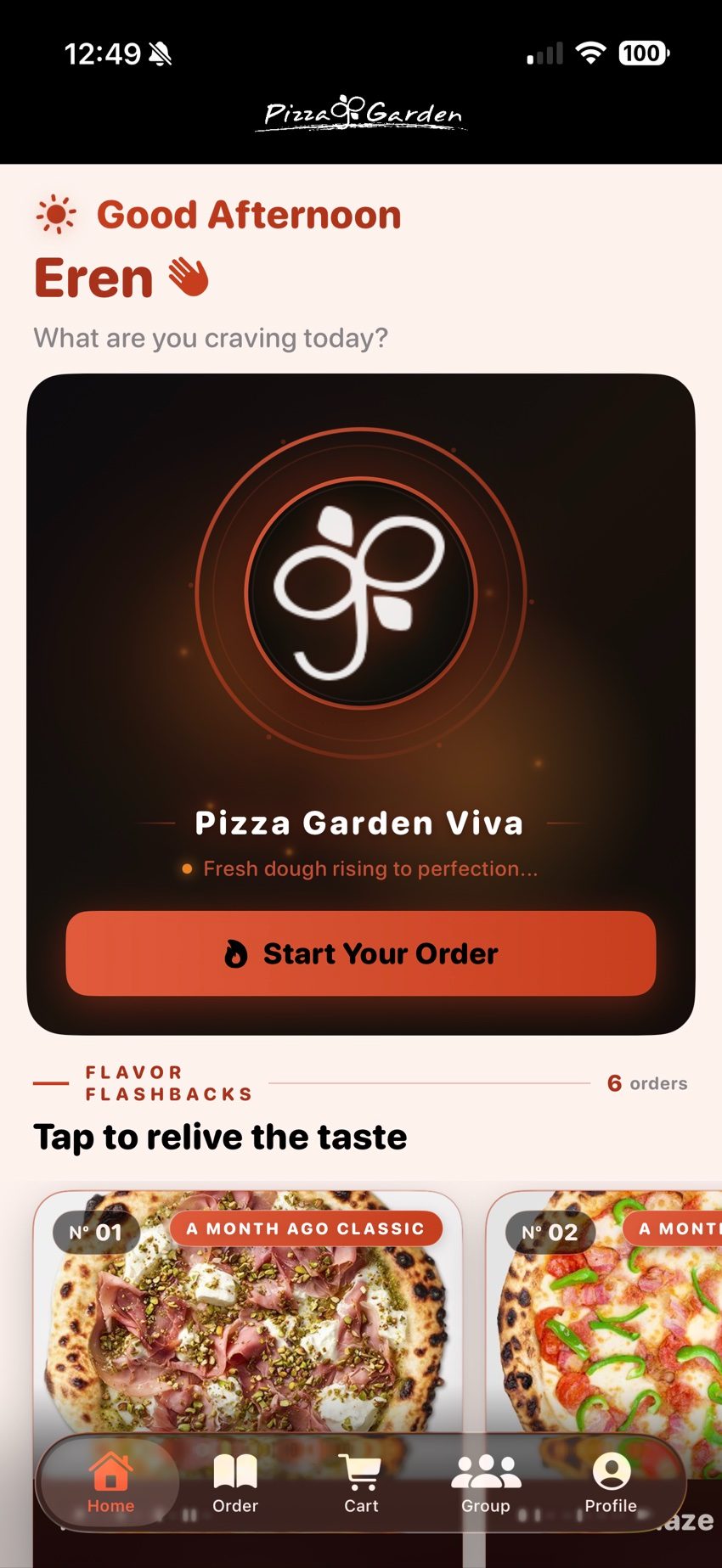 Pizza Garden customer app home screen