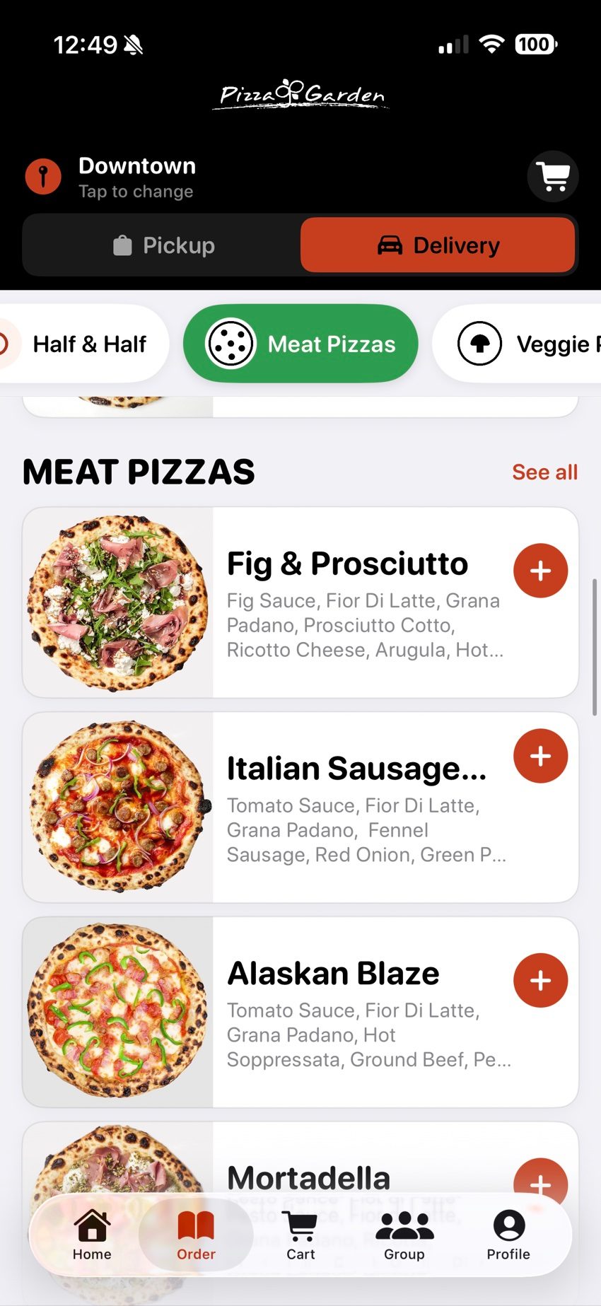 Pizza Garden app menu screen