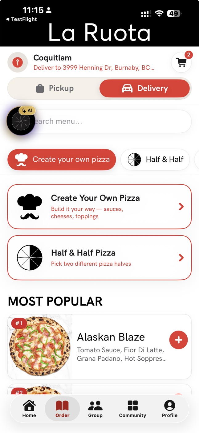 La Ruota customer app menu screen