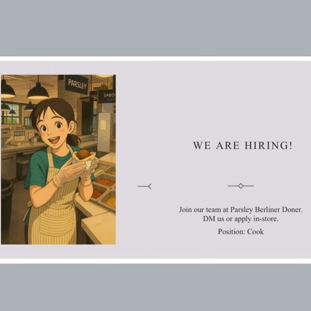 Parsley Berliner Döner Kebab hiring post with an illustrated cook at the counter