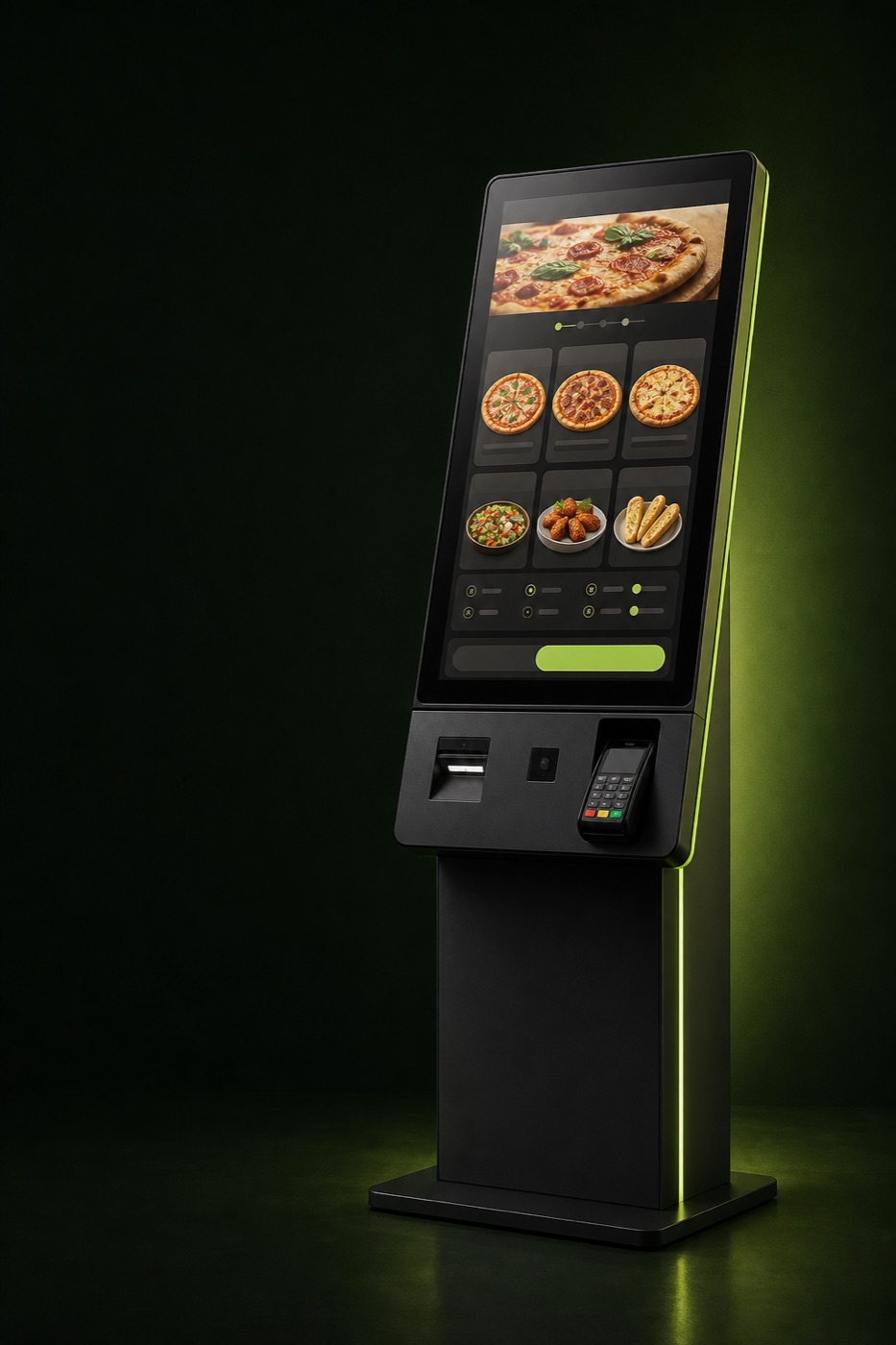 Illustration of an Androvega self-order kiosk on a stand in a restaurant