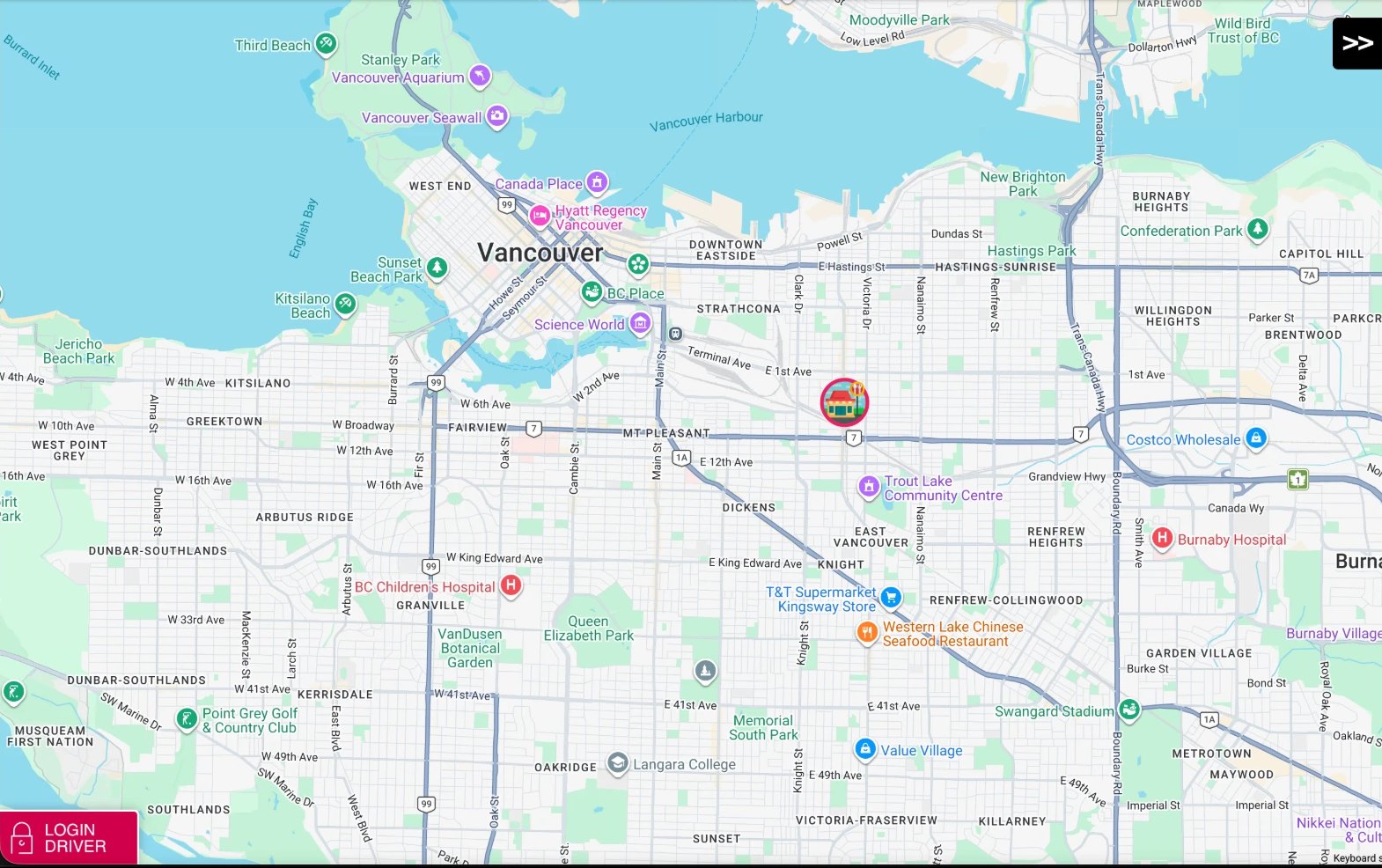 Androvega dispatch map at the till, with orders and drivers