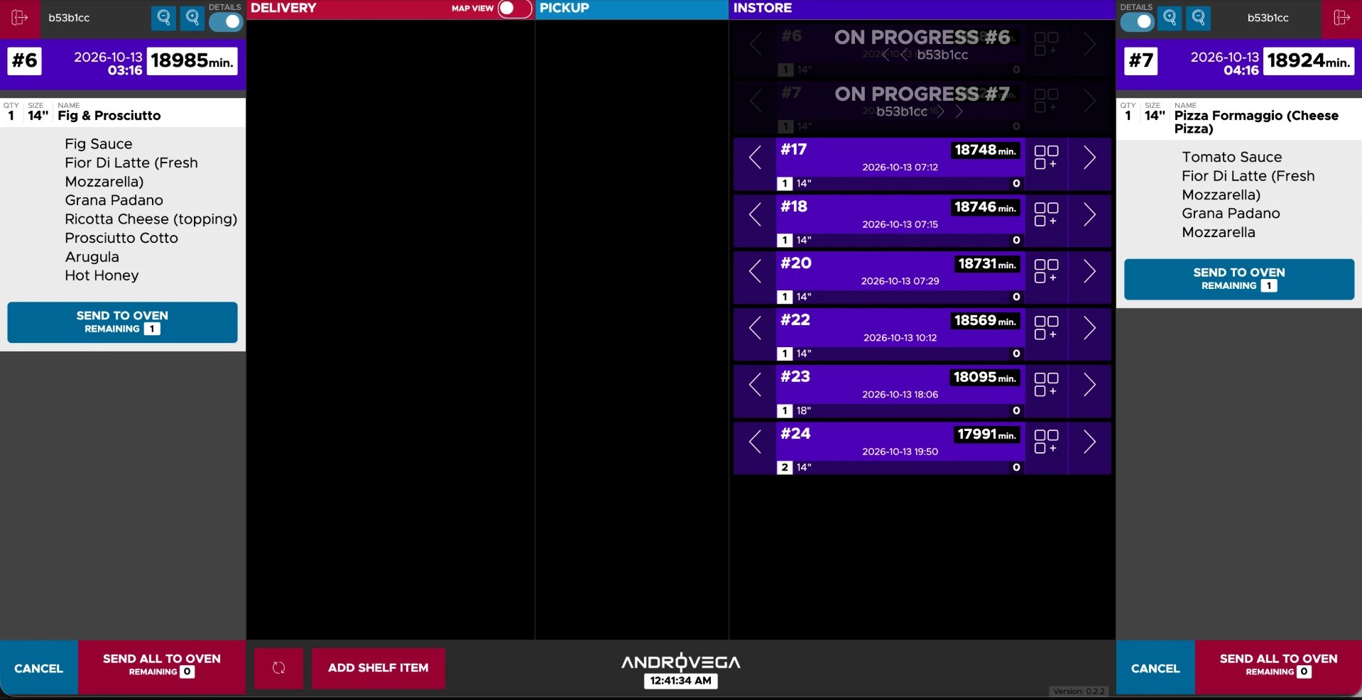 Pizza maker screen showing a half-and-half pizza in build order