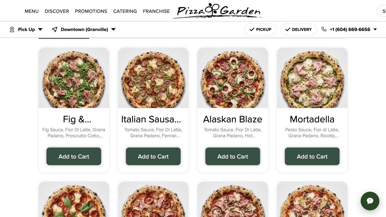 pizzagarden.ca online menu: pizzas with photos and Add to Cart buttons